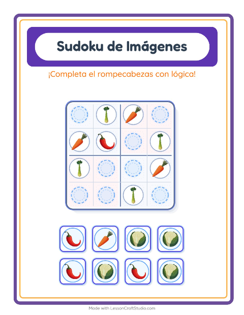 Vista previa de la hoja de Sudoku De Imágenes con Verduras para jardín infantil