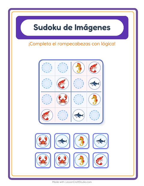 Vista previa de la hoja de Sudoku De Imágenes con Vida marina para jardín infantil