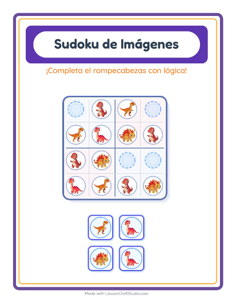 Vista previa de la hoja de Sudoku De Imágenes con Dinosaurios para jardín infantil