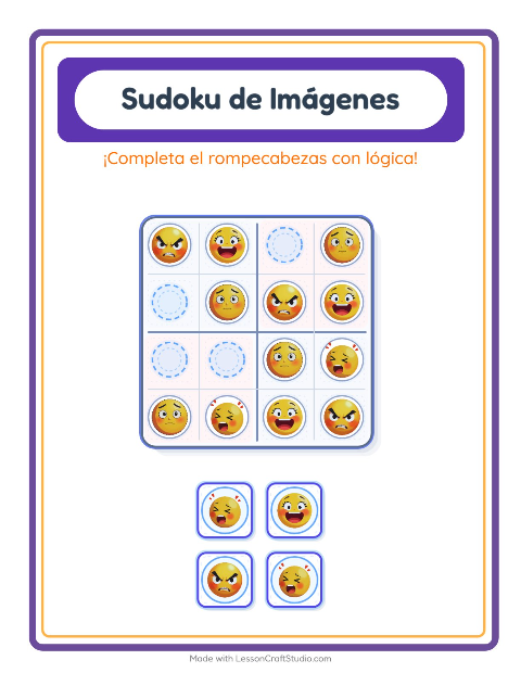 Vista previa de la hoja de Sudoku De Imágenes con Emociones para jardín infantil