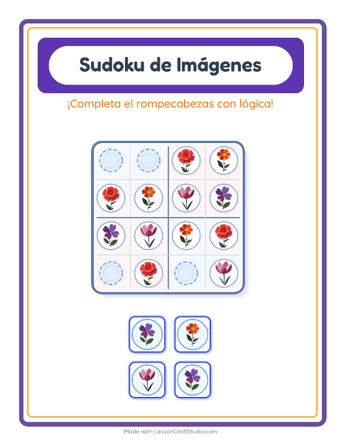 Vista previa de la hoja de Sudoku De Imágenes con Flores para jardín infantil