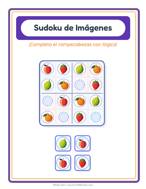 Vista previa de la hoja de Sudoku De Imágenes con Frutas para jardín infantil