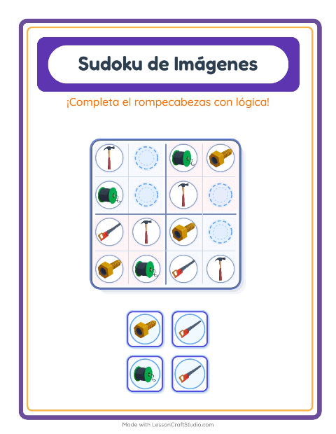 Vista previa de la hoja de Sudoku De Imágenes con Herramientas para jardín infantil