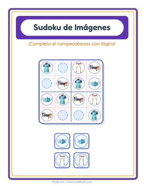 Vista previa de la hoja de Sudoku De Imágenes con Hospital para jardín infantil