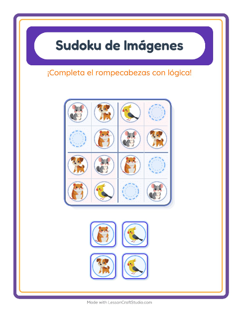 Vista previa de la hoja de Sudoku De Imágenes con Mascotas para jardín infantil