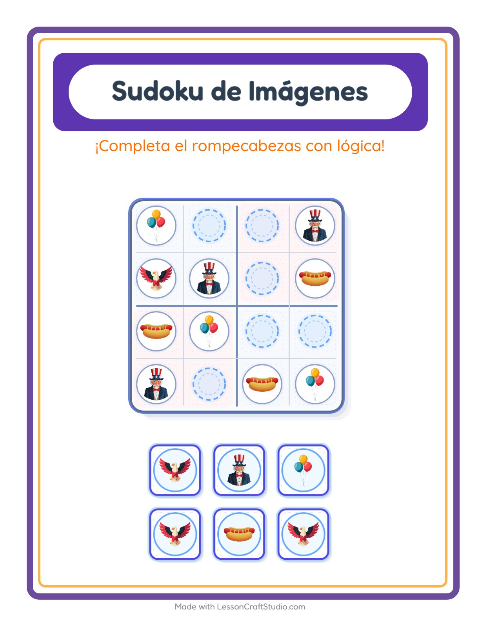 Vista previa de la hoja de Sudoku De Imágenes con 4 de Julio para jardín infantil