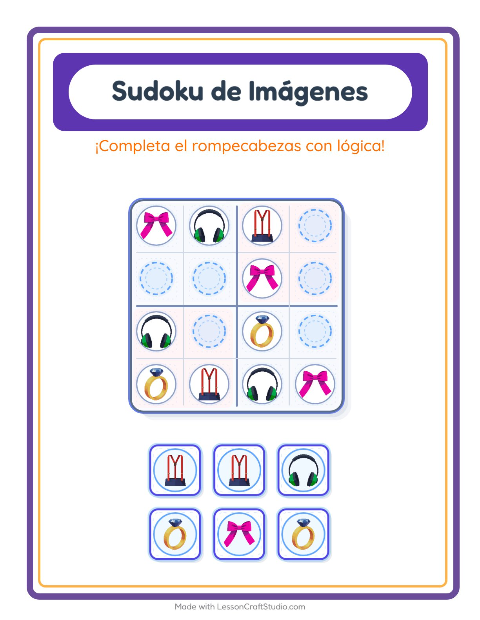 Vista previa de la hoja de Sudoku De Imágenes con Accesorios para jardín infantil