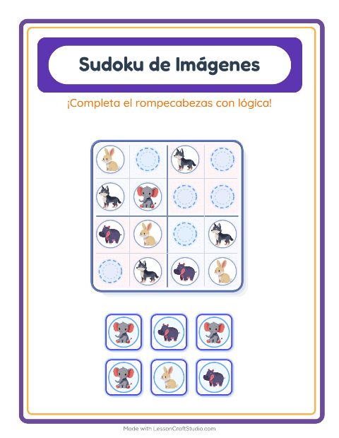 Vista previa de la hoja de Sudoku De Imágenes con Animales para jardín infantil