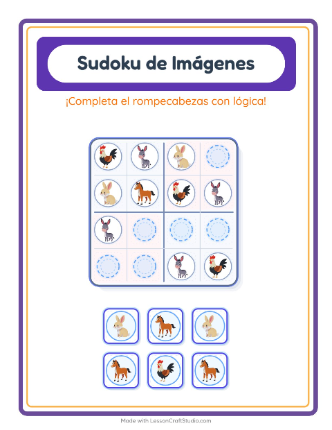 Vista previa de la hoja de Sudoku De Imágenes con Animales de granja para jardín infantil