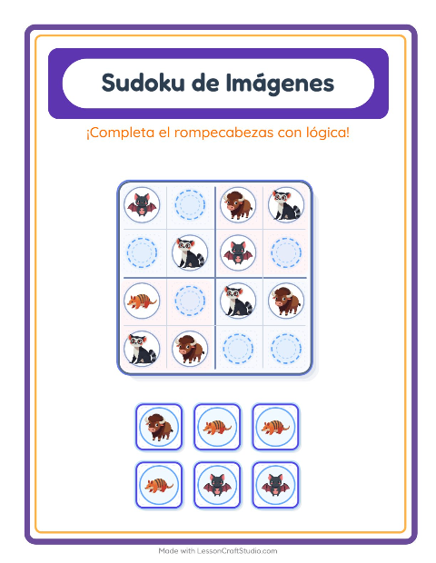 Vista previa de la hoja de Sudoku De Imágenes con Animales del zoológico para jardín infantil