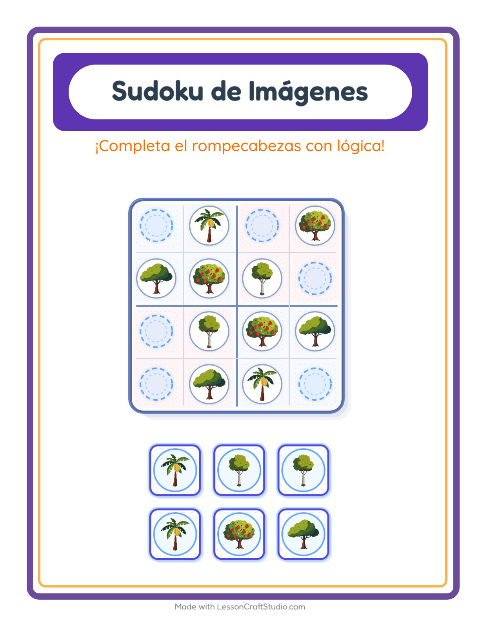 Vista previa de la hoja de Sudoku De Imágenes con Árboles para jardín infantil