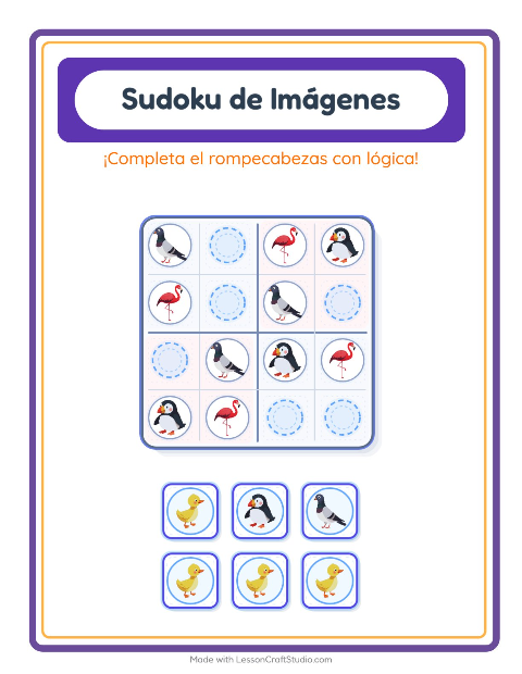 Vista previa de la hoja de Sudoku De Imágenes con Aves 2 para jardín infantil