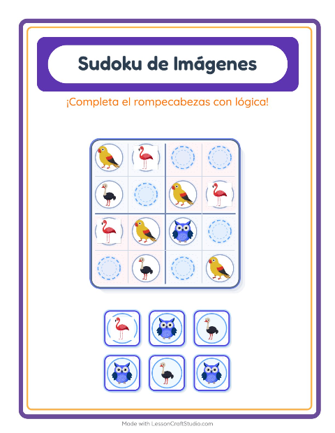 Vista previa de la hoja de Sudoku De Imágenes con Aves para jardín infantil