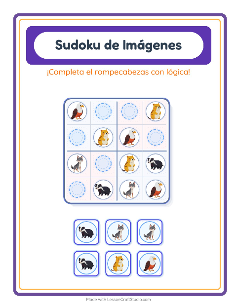 Vista previa de la hoja de Sudoku De Imágenes con Criaturas del bosque para jardín infantil