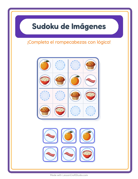 Vista previa de la hoja de Sudoku De Imágenes con Desayuno para jardín infantil
