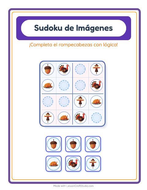 Vista previa de la hoja de Sudoku De Imágenes con Día de Acción de Gracias para jardín infantil