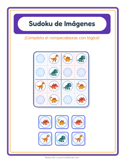 Vista previa de la hoja de Sudoku De Imágenes con Dinosaurios para jardín infantil