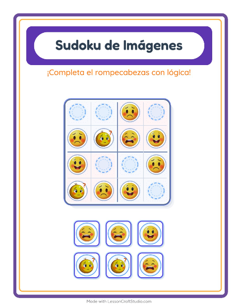 Vista previa de la hoja de Sudoku De Imágenes con Emociones para jardín infantil