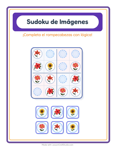 Vista previa de la hoja de Sudoku De Imágenes con Flores para jardín infantil