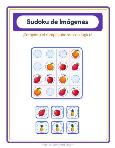 Vista previa de la hoja de Sudoku De Imágenes con Frutas para jardín infantil