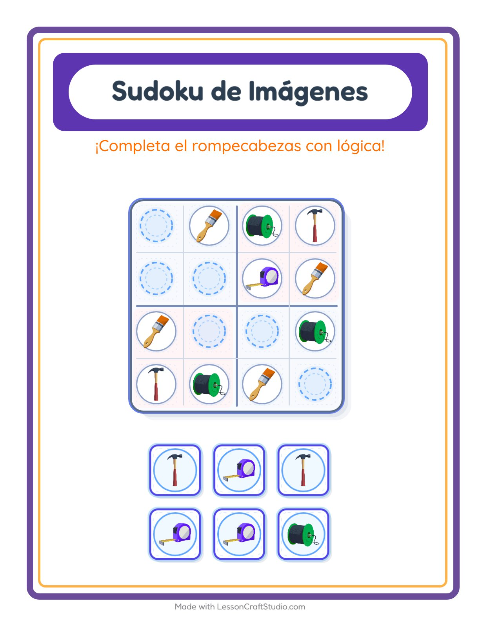 Vista previa de la hoja de Sudoku De Imágenes con Herramientas para jardín infantil