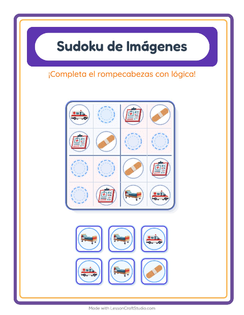 Vista previa de la hoja de Sudoku De Imágenes con Hospital para jardín infantil