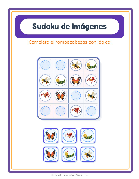 Vista previa de la hoja de Sudoku De Imágenes con Insectos y bichos para jardín infantil