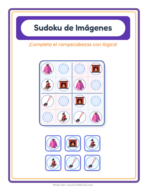 Vista previa de la hoja de Sudoku De Imágenes con Invierno para jardín infantil