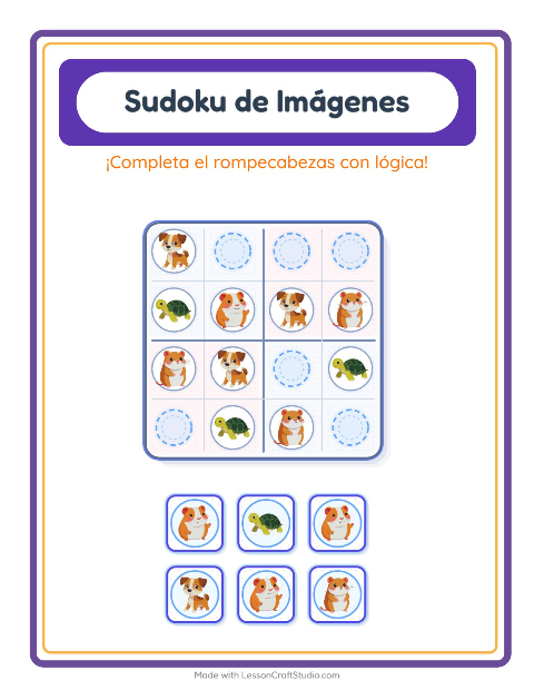 Vista previa de la hoja de Sudoku De Imágenes con Mascotas para jardín infantil