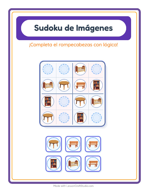 Vista previa de la hoja de Sudoku De Imágenes con Muebles para jardín infantil