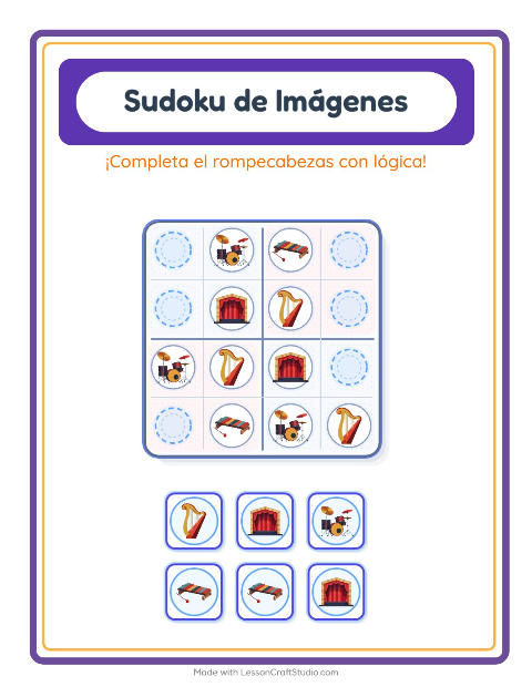 Vista previa de la hoja de Sudoku De Imágenes con Música para jardín infantil