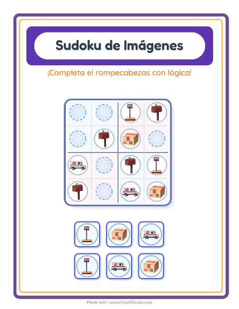 Vista previa de la hoja de Sudoku De Imágenes con Oficina de correos para jardín infantil