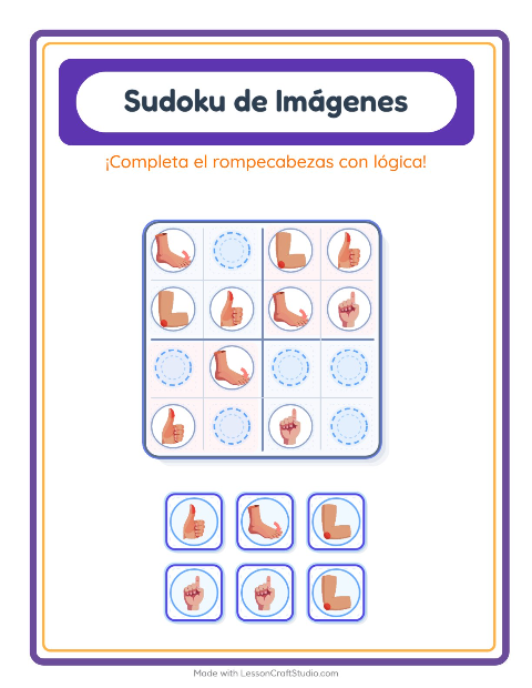 Vista previa de la hoja de Sudoku De Imágenes con Partes del cuerpo para jardín infantil
