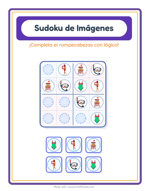 Vista previa de la hoja de Sudoku De Imágenes con Playa para jardín infantil