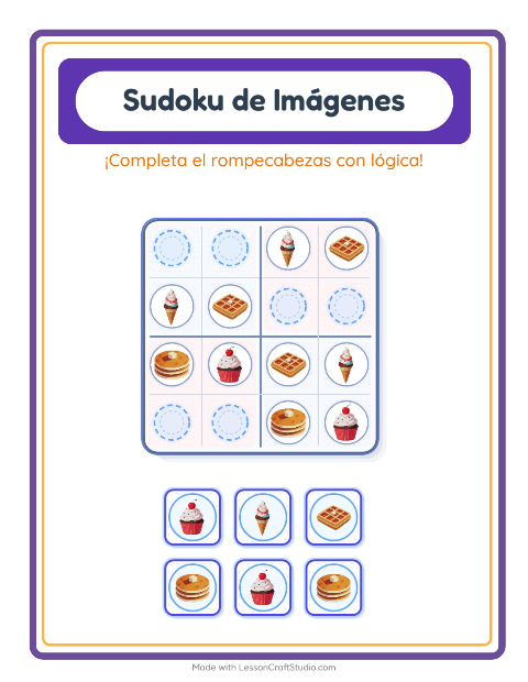 Vista previa de la hoja de Sudoku De Imágenes con Postres y dulces para jardín infantil