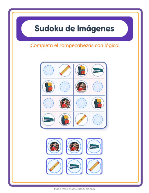 Vista previa de la hoja de Sudoku De Imágenes con Salón de clases para jardín infantil