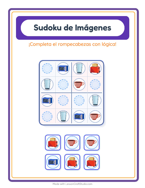 Vista previa de la hoja de Sudoku De Imágenes con Utensilios de cocina para jardín infantil