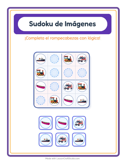 Vista previa de la hoja de Sudoku De Imágenes con Vehículos para jardín infantil