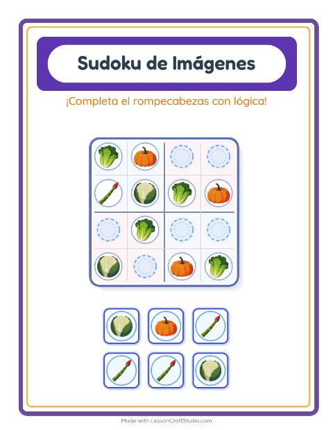 Vista previa de la hoja de Sudoku De Imágenes con Verduras para jardín infantil
