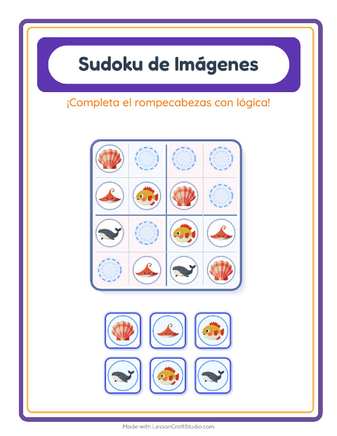 Vista previa de la hoja de Sudoku De Imágenes con Vida marina para jardín infantil