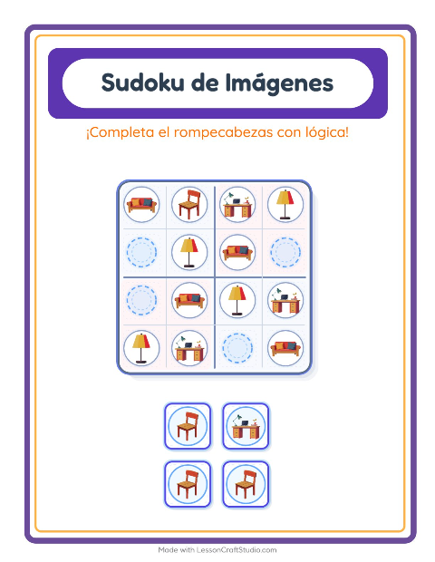 Vista previa de la hoja de Sudoku De Imágenes con Muebles para jardín infantil