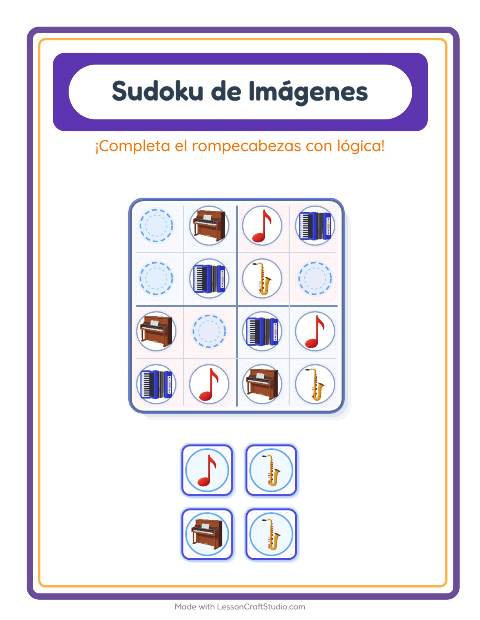 Vista previa de la hoja de Sudoku De Imágenes con Música para jardín infantil
