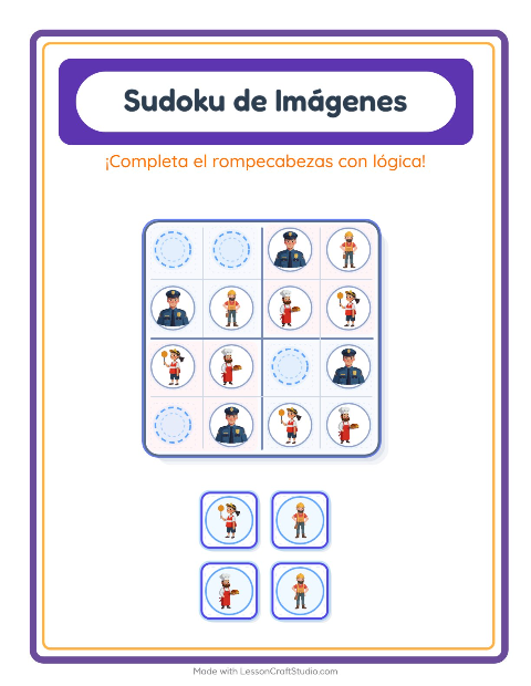 Vista previa de la hoja de Sudoku De Imágenes con Ocupaciones para jardín infantil