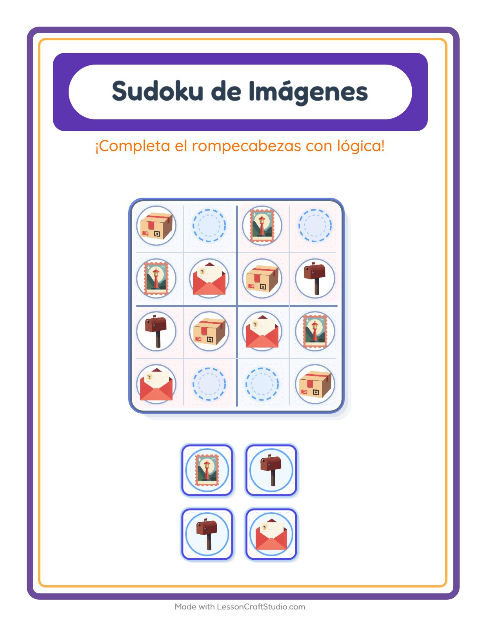 Vista previa de la hoja de Sudoku De Imágenes con Oficina de correos para jardín infantil