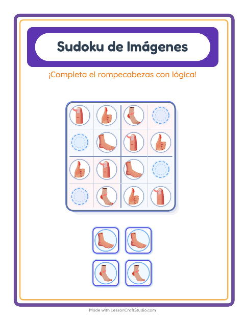 Vista previa de la hoja de Sudoku De Imágenes con Partes del cuerpo para jardín infantil