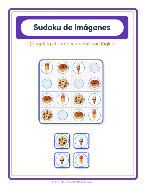 Vista previa de la hoja de Sudoku De Imágenes con Postres y dulces para jardín infantil
