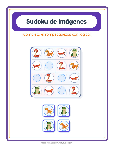 Vista previa de la hoja de Sudoku De Imágenes con Reptiles y anfibios para jardín infantil