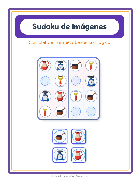 Vista previa de la hoja de Sudoku De Imágenes con Utensilios de cocina para jardín infantil