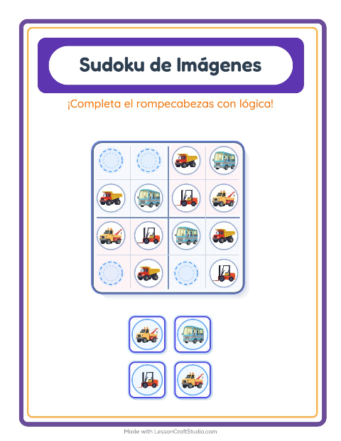 Vista previa de la hoja de Sudoku De Imágenes con Vehículos para jardín infantil