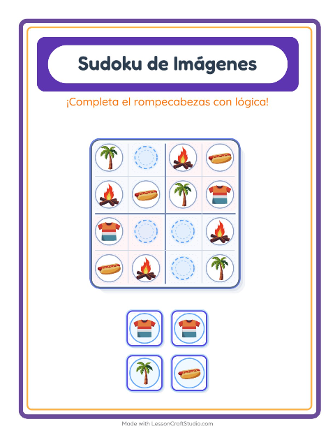 Vista previa de la hoja de Sudoku De Imágenes con Verano para jardín infantil